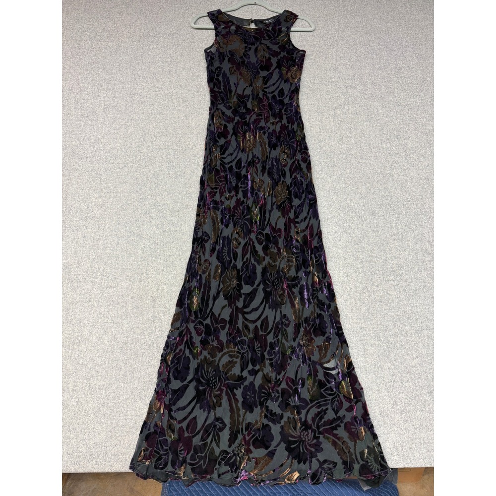 a.b.s. Floral Burnout Velvet Maxi Dress 6 Purple Bronze Silk Blend Evening Gown